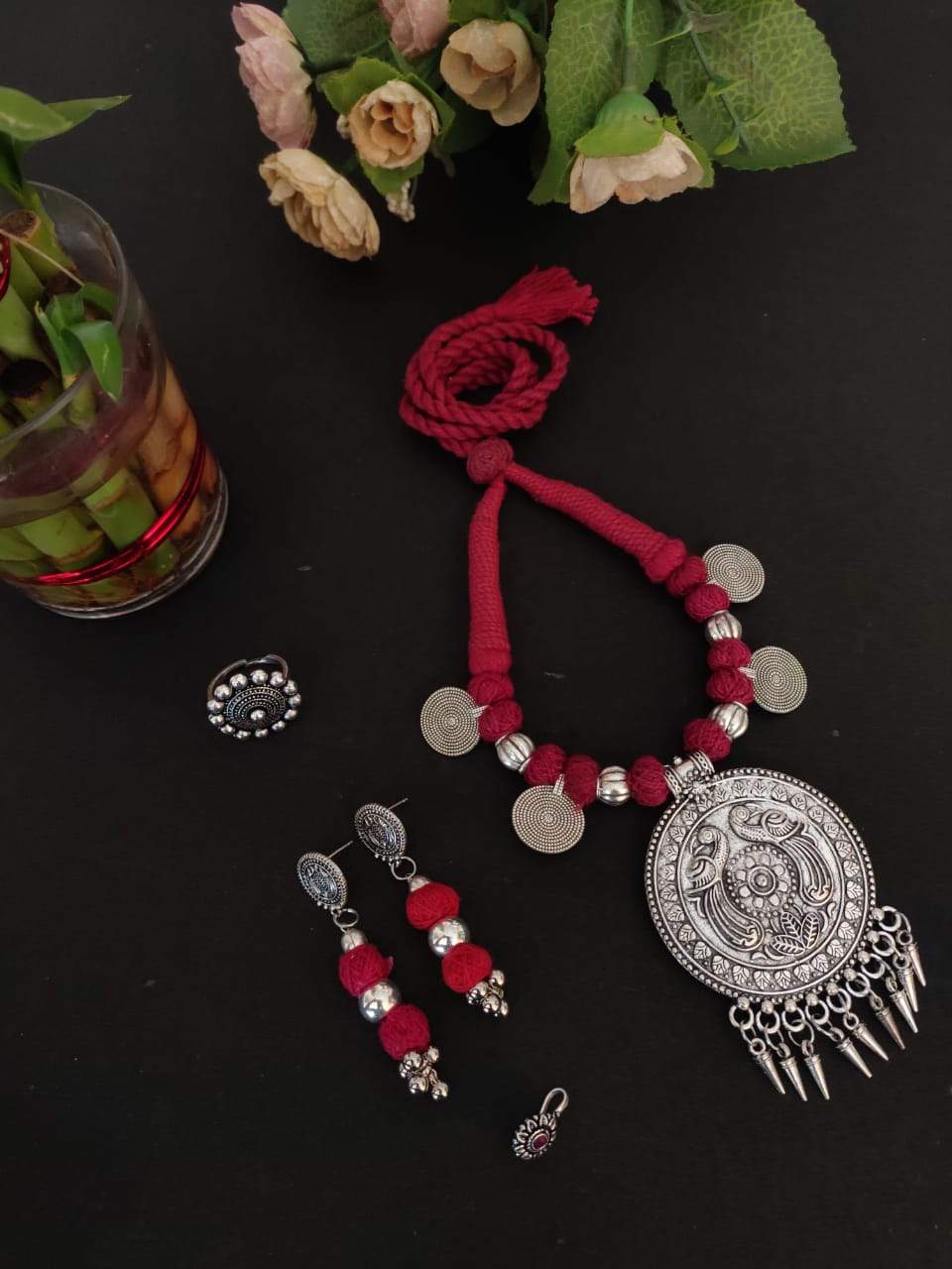 Maroon - Saanjh Saaj Classic German Silver Necklace Set 45