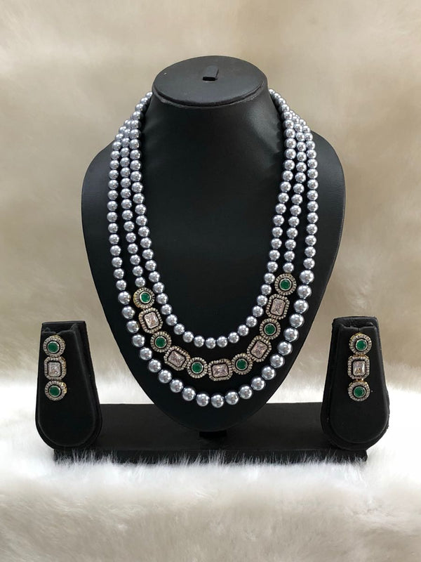 Silver Three Layered Pearl Green White Kundan Necklace Set-FASHION KIDA-Fashion Kida