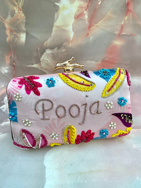 Pink Designer Printed Embroidery Name Customization Clutch