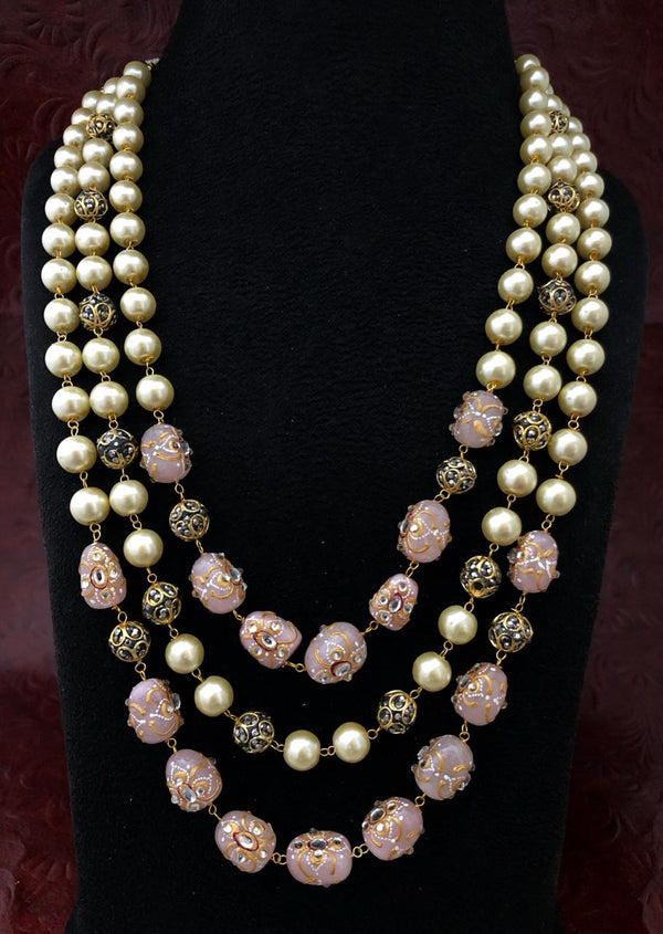 Intriguing Multistranded Peach Pink Pearl Meena Necklace