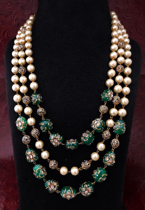 Intriguing Multistranded Dark Green Pearl Meena Necklace