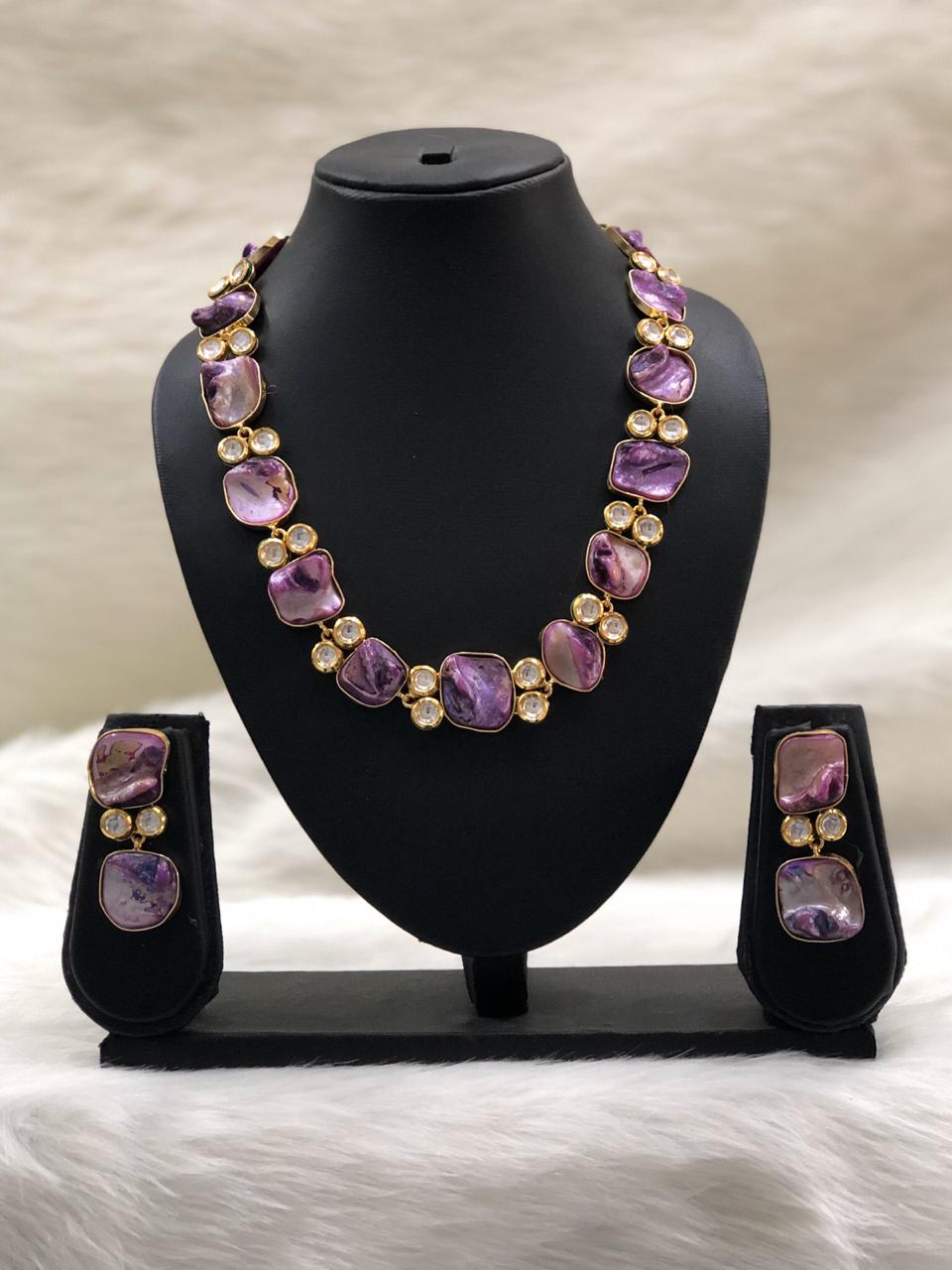 Preamble Purple Kundan Gemstone Necklace Set - Main Image