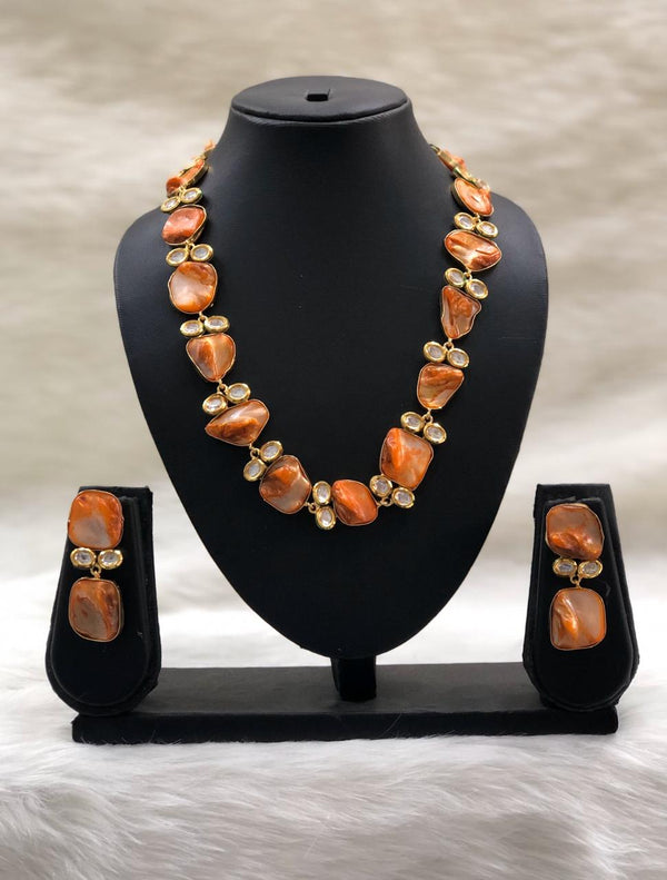 Preamble Orange Kundan Gemstone Necklace Set