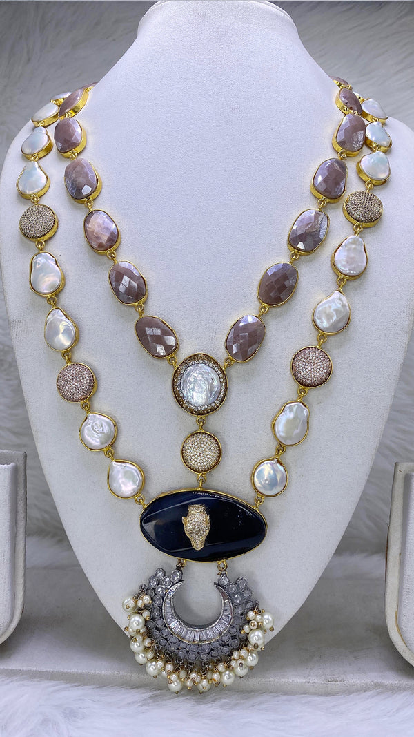 Moldavite Glamourious Pearl Necklace Set