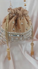 Cream Designer Mirror Work Potli