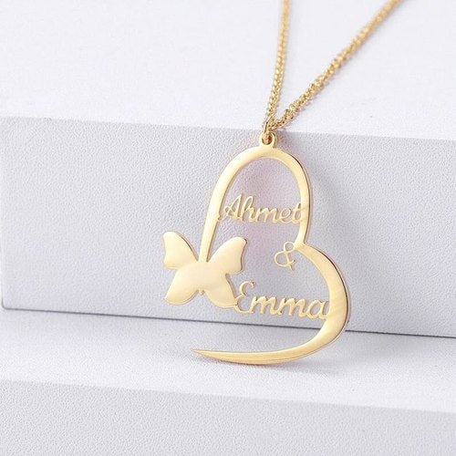 Heart With Butterfly Name Pendant Necklace