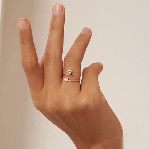Dainty Initial Heart Ring - Adjustable