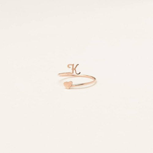 Dainty Initial Heart Ring - Adjustable