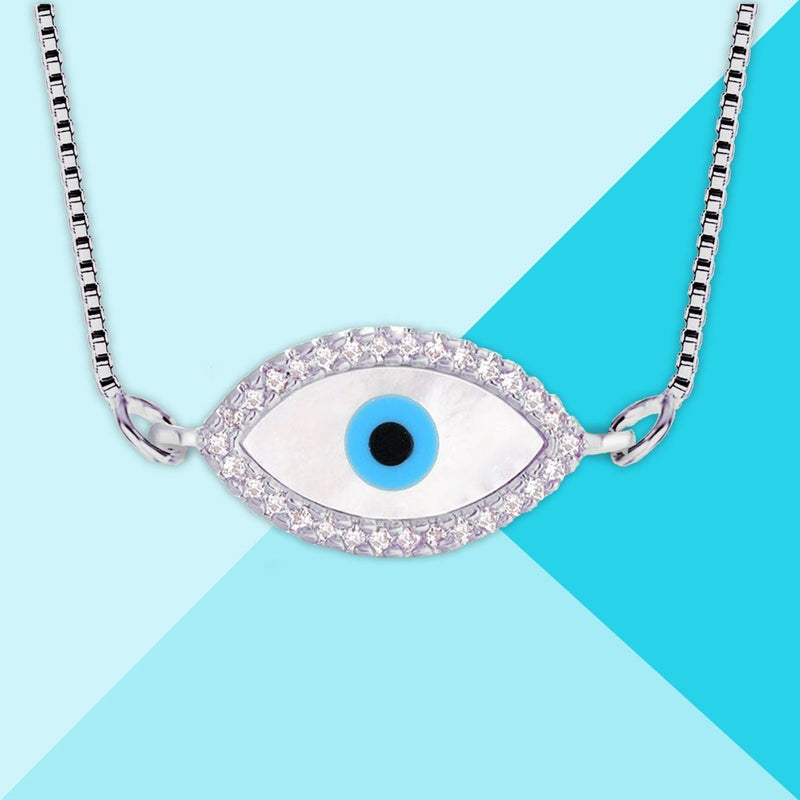 Oval Turkish Evil Eye American Diamond Silver Necklace Pendant Chain