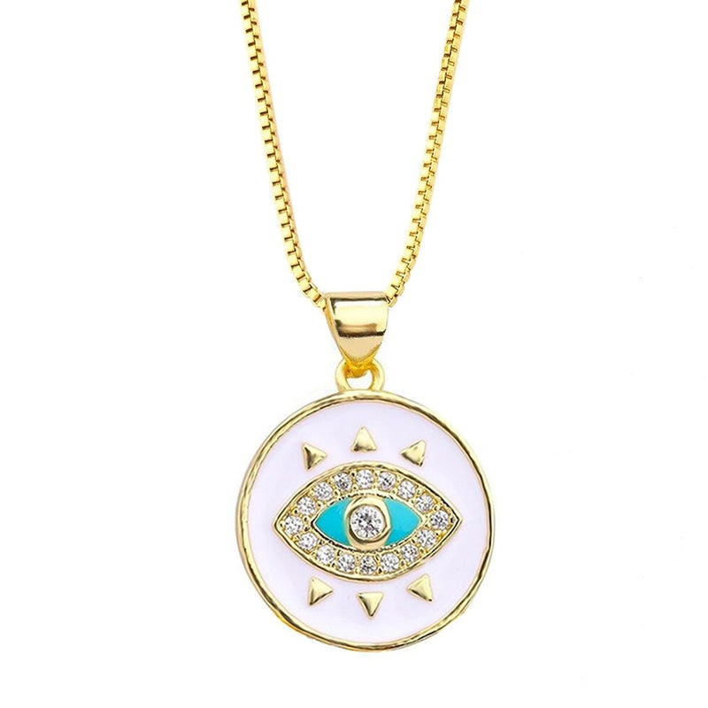 Turkish Evil Eye Medallion White Enamel Necklace Pendant Chain