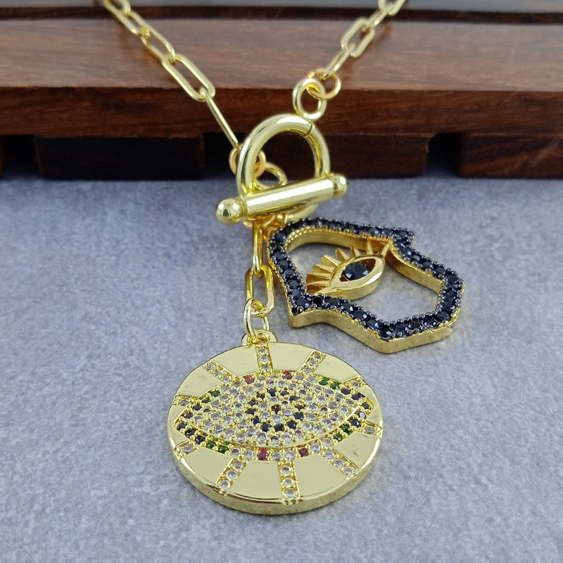 Gold Evil Eye Medal Hamsa Charm Link Necklace Chain For Women