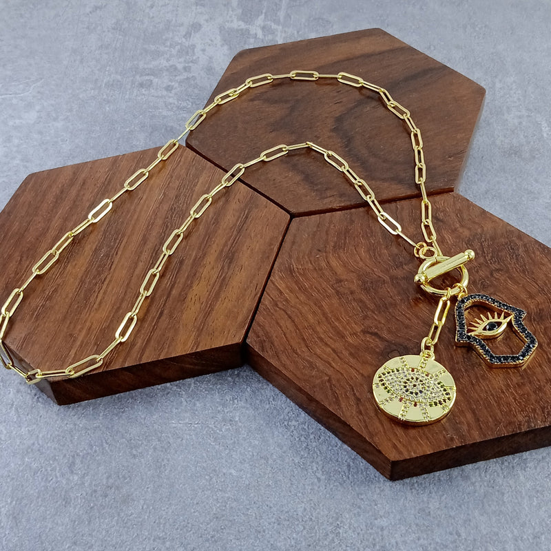 Gold Evil Eye Medal Hamsa Charm Link Necklace Chain For Women