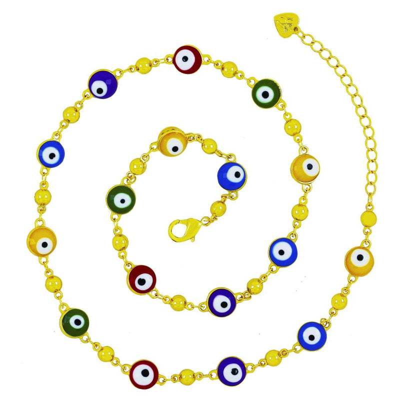 Turkish Multi Colour Evil Eye 18K Gold Enamel Beads Necklace Chain