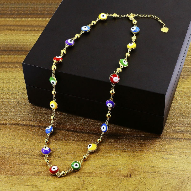 Turkish Multi Colour Evil Eye 18K Gold Enamel Beads Necklace Chain