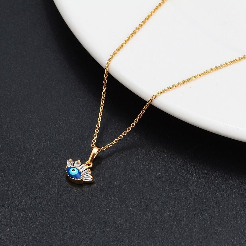Turkish Evil Eye Blue Enamel Necklace Pendant Chain