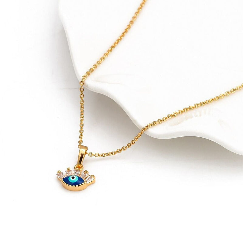 Turkish Evil Eye Blue Enamel Necklace Pendant Chain