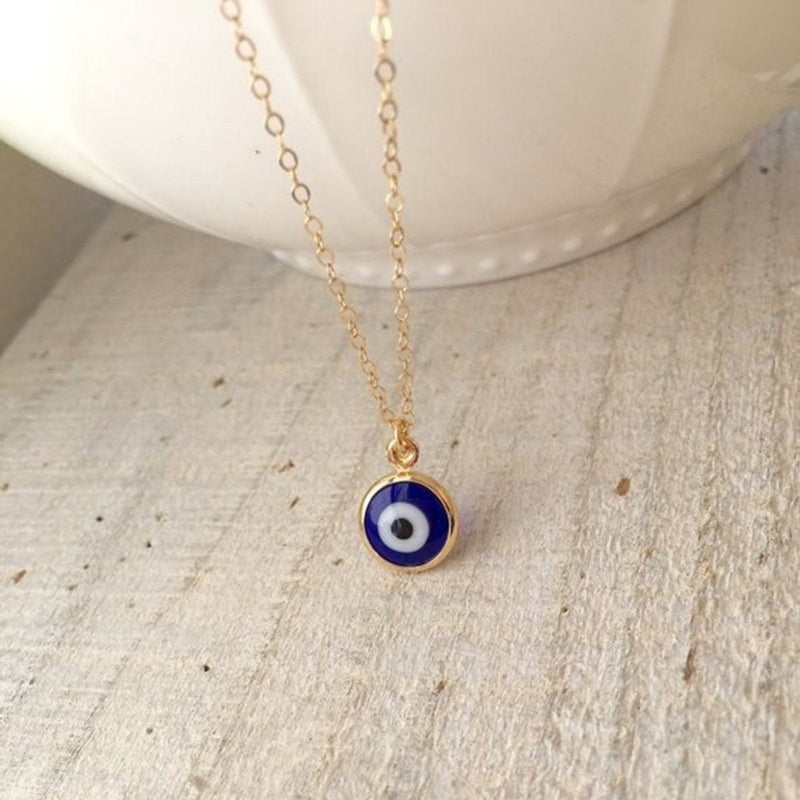 Tiny Blue Turkish Evil Eye Pendant Chain Necklace For Women