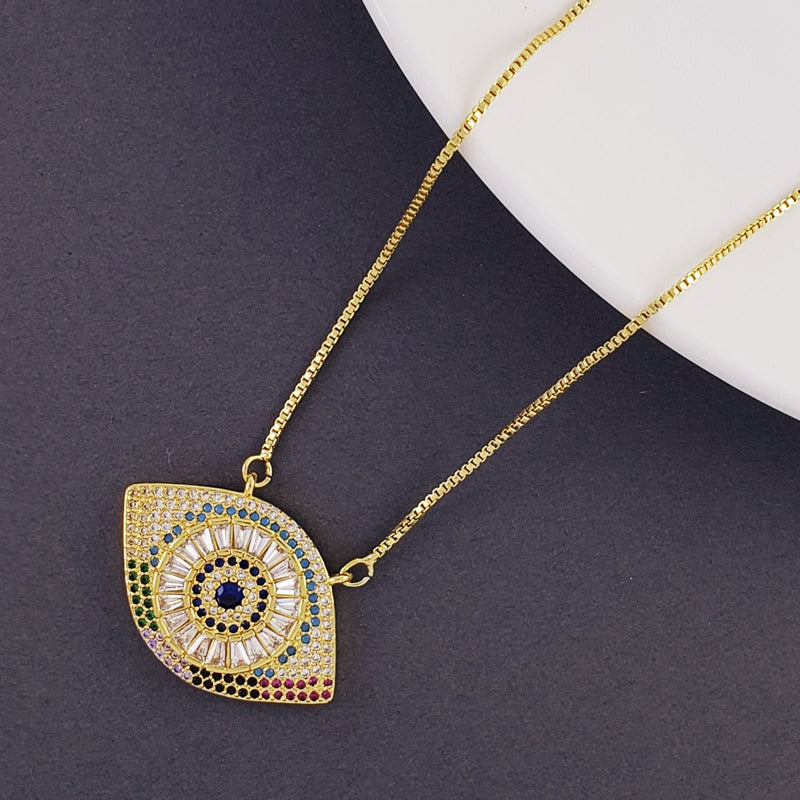 Evil Eye Big American Diamonds Crystal Gold Copper Necklace Pendant Chain For Women