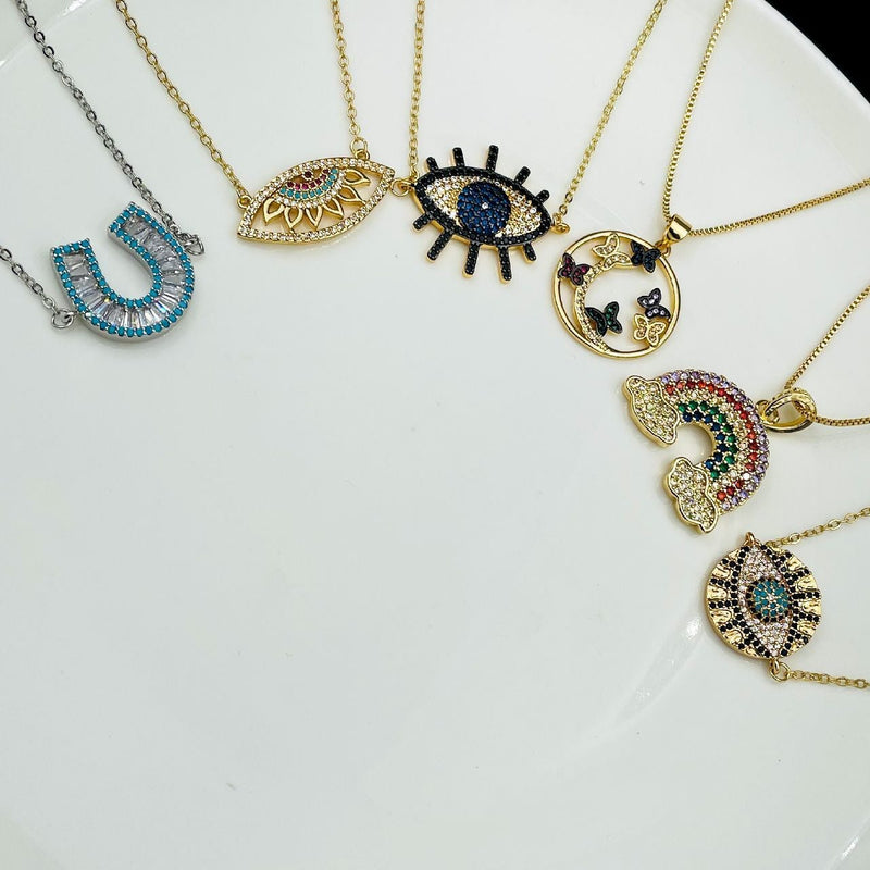 Copper American Diamonds Black White Blue Gold Evil Eye Necklace Pendant Chain For Women Girls