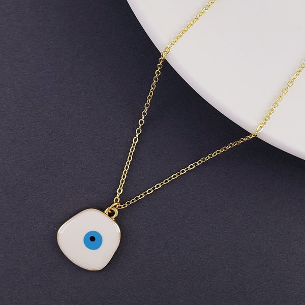 Evil Eye Gold White Enamel Brass Pendant Chain For Women