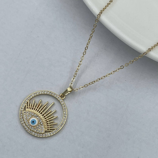Evil Eye Eyelashes Gold Copper American Diamond Enamel Necklace Pendant Chain For Women