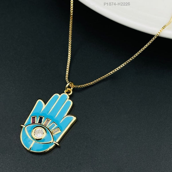 Copper Enamel Cubic Zirconia Blue Gold Evil Eye Necklace Pendant Chain For Women Girls