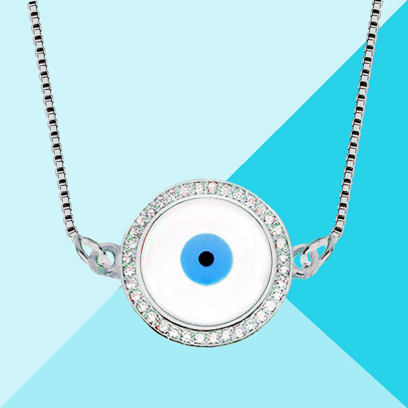Round Turkish Evil Eye American Diamond Silver Necklace Pendant Chain