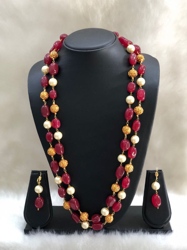 Two Stranded Gemstone and Pearl Gold Beaded Necklace Set-FASHION KIDA-Fashion Kida