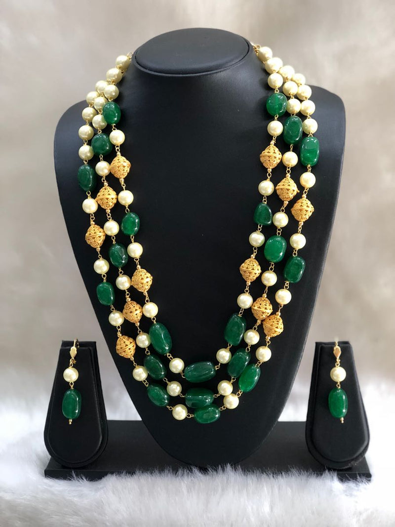 Three Stranded Green Beaded Pearl Gold Beaded Neckalce-FASHION KIDA-Fashion Kida