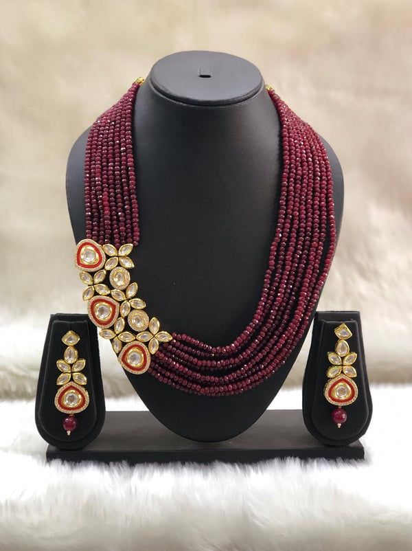 Maroon Beaded kundan Necklace Set