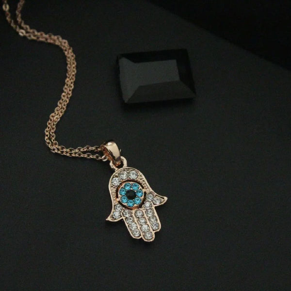 Copper Rose Gold Cubic Zirconia Hamsa Evil Eye Pendant Chain For Women