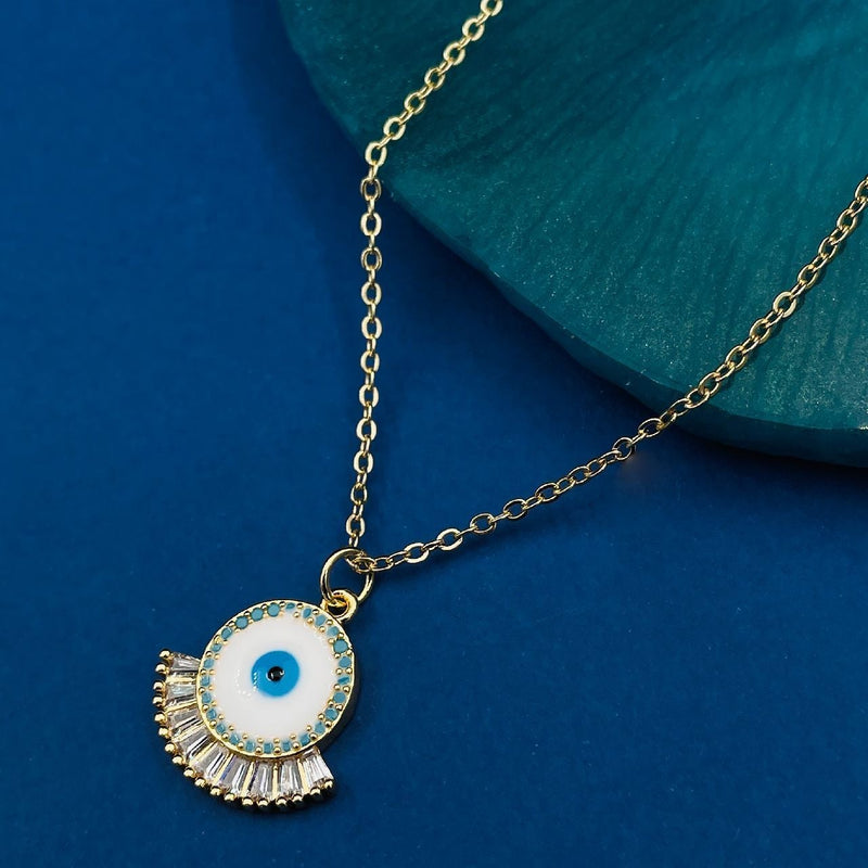 Traditional Cubic Zirconia Medium White Gold Blue Evil Eye Pendant For Women