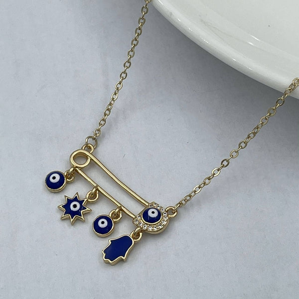Safety Pin Evil Eye Hamsa Gold White Copper American Diamond Enamel Necklace Pendant Chain For Women