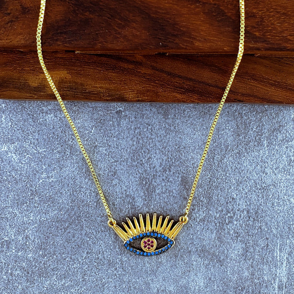 Evil Eye Eyelash Gold Blue Copper Necklace Pendant Chain For Women