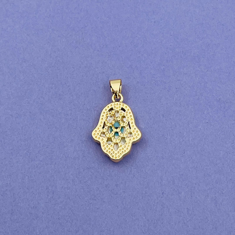 Copper Cubic Zirconia Gold Blue Evil Eye Hamsa Necklace Pendant Chain