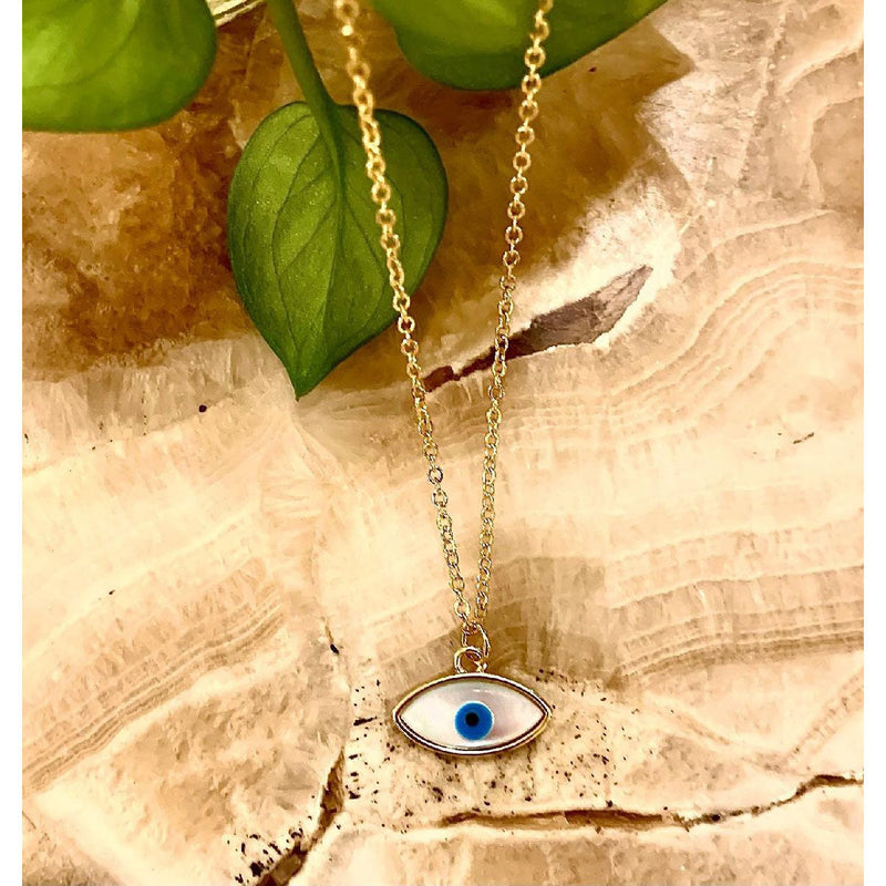 Copper Mother Of Perl Gold Blue Evil Eye Oval Necklace Pendant Chain
