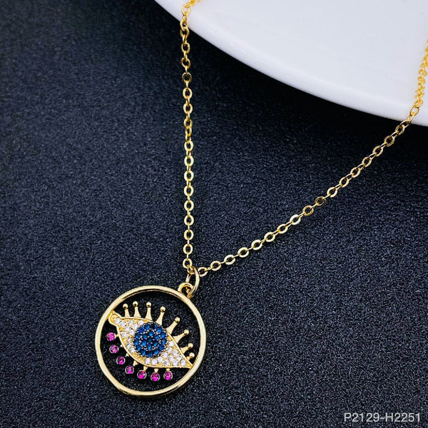 Eyelash Evil Eye Copper Gold Blue Pink Cubic Zirconia Pendant Chain