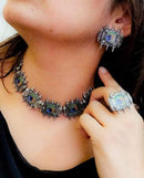 Peacock Feather German Silver Oxidised Necklace Set