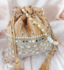 Cream Designer Mirror Work Potli