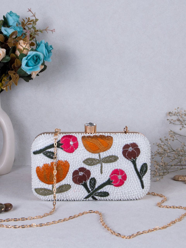 Thread Embroidery With Pearl Work Clutch