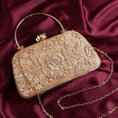 Peach Embroidered Clutch with designer knob and handle