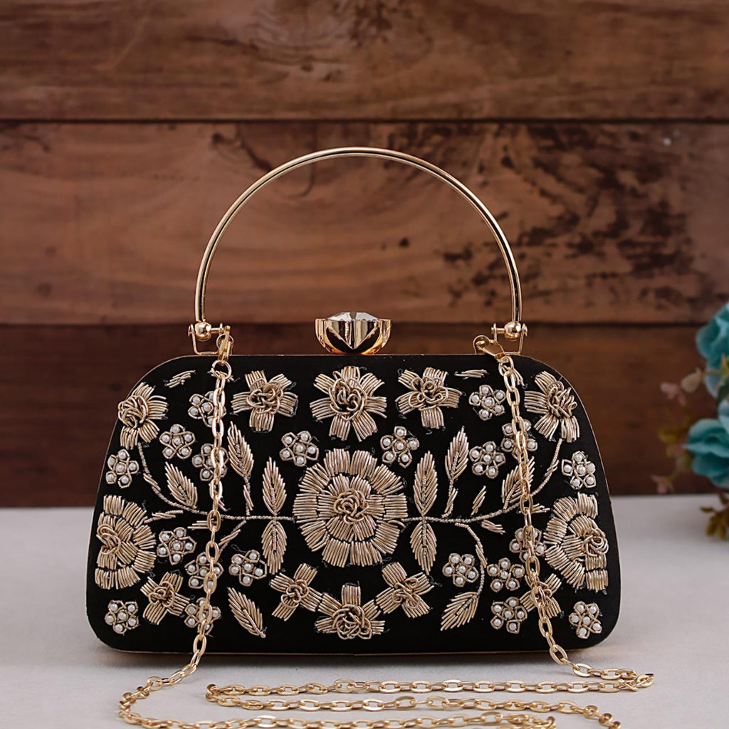 Designer Glam Bag Black Fabric Evening Bag with Gold Embroidery Noly  Fuentes - Fringe, Flowers and Frills