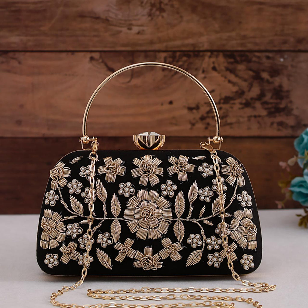 Black Embroidered Clutch with designer knob and handle