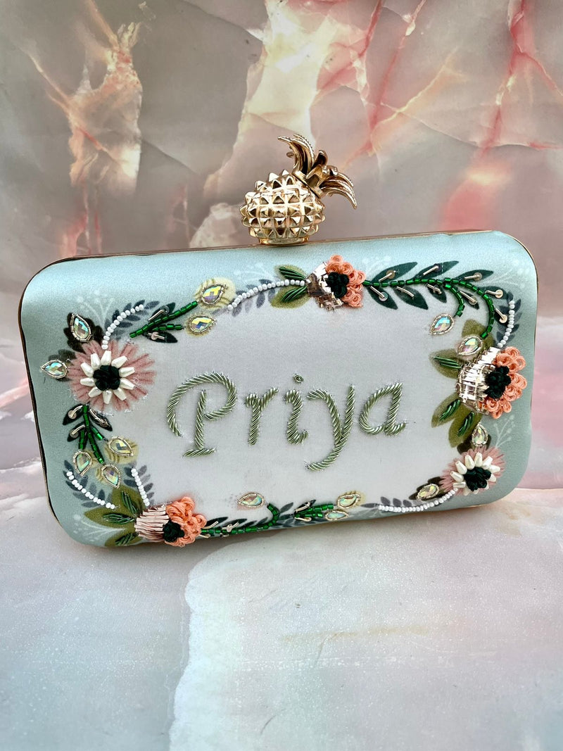 Green Designer Printed Embroidery Name Customization Clutch