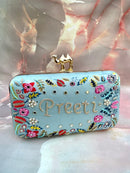 Blue Designer Printed Embroidery Name Customization Clutch