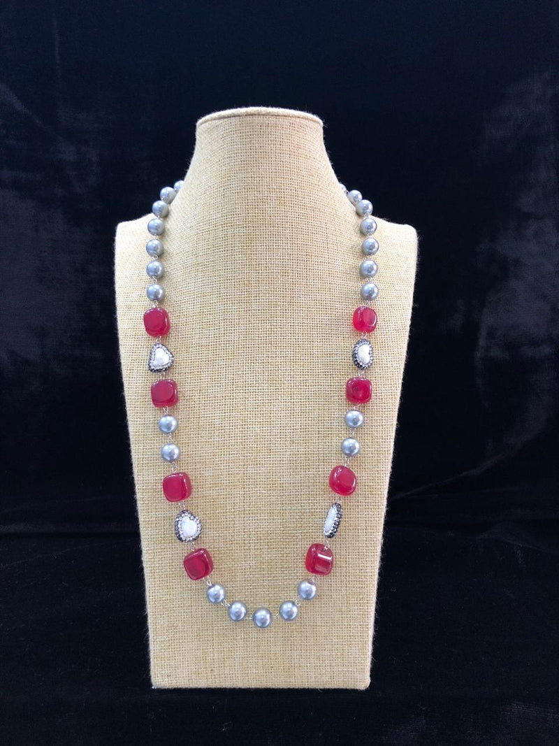 Silver Pearl Beaded Red Necklace