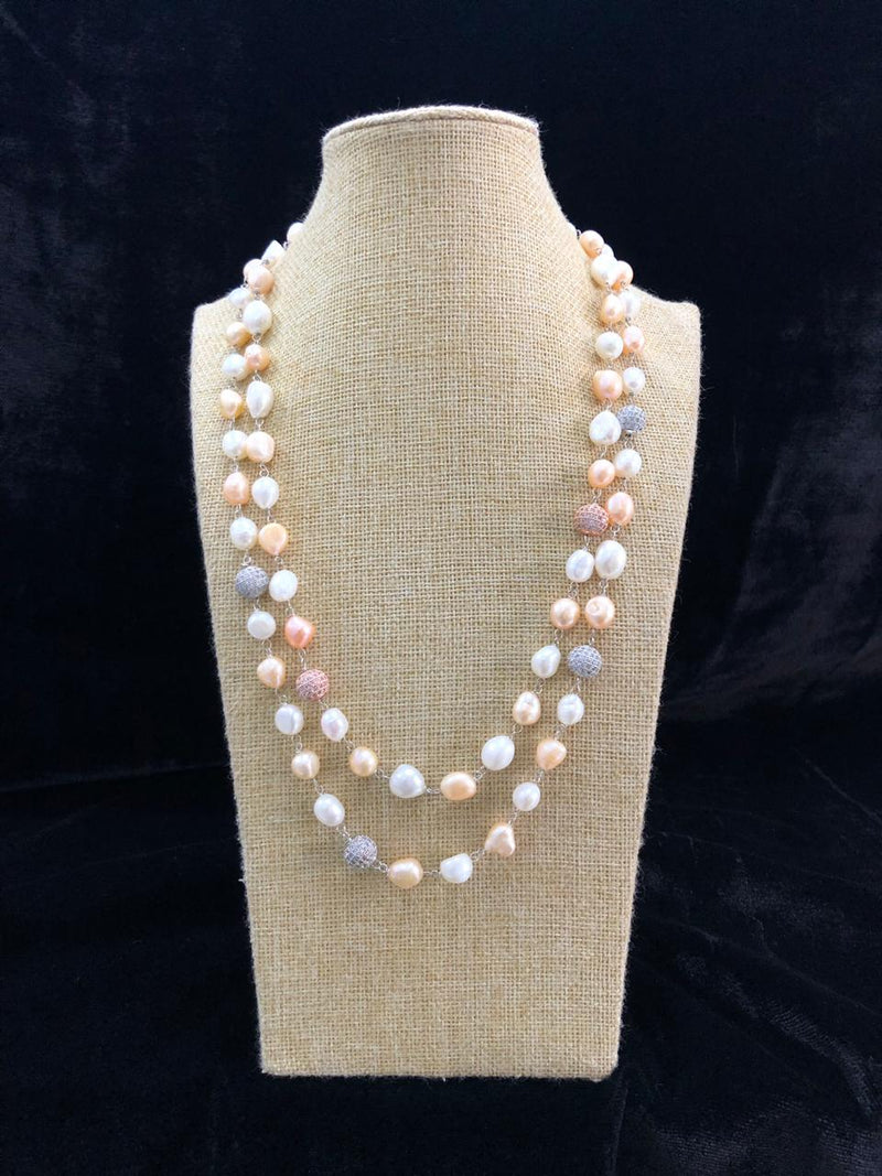 Shades of Peach Pink Pearl Two Line Necklace