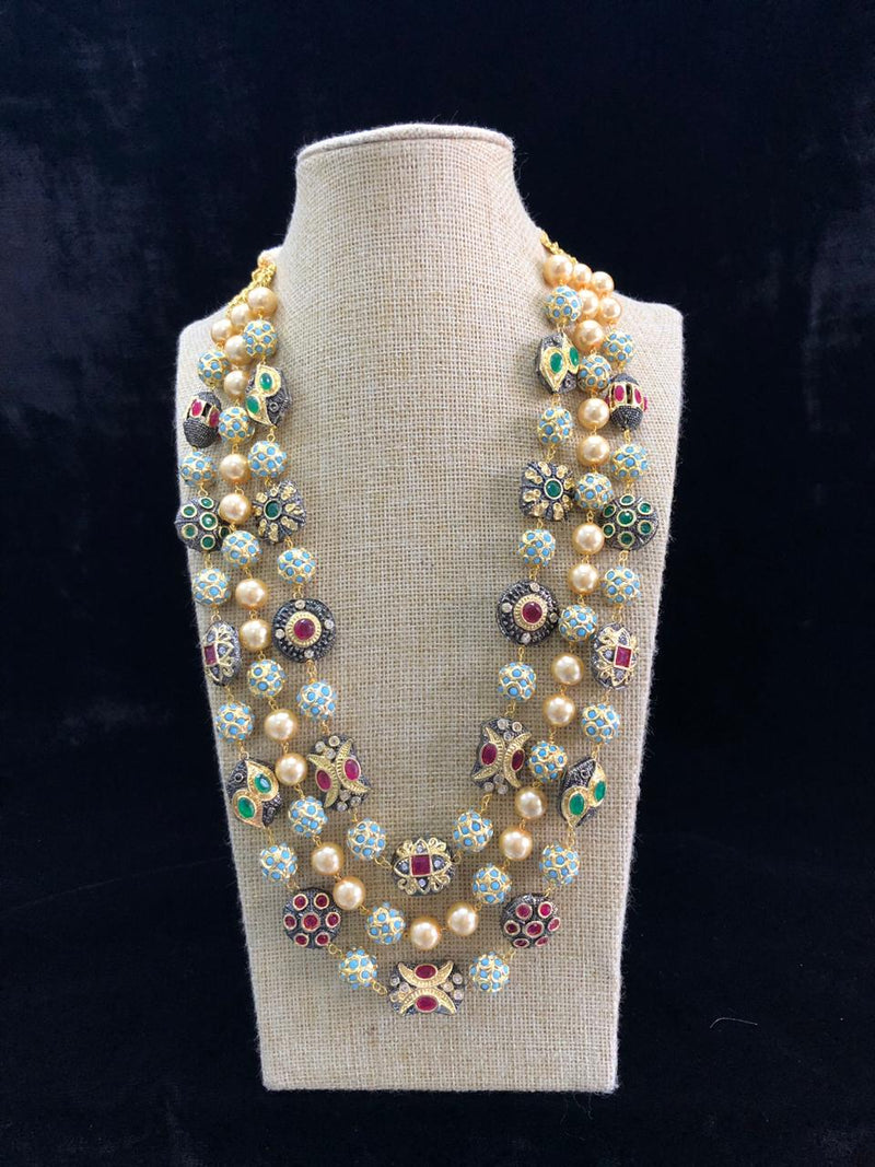 Three Stranded Intriguing Meena Necklace with Earrings