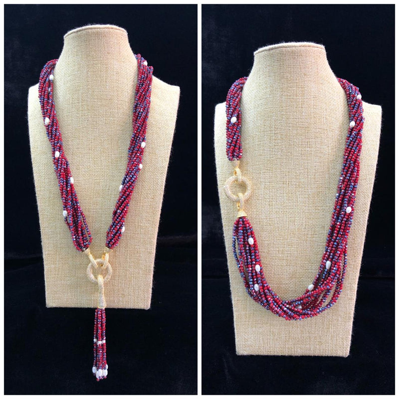 Red and Blue Mixtured Pearl Beaded Necklace