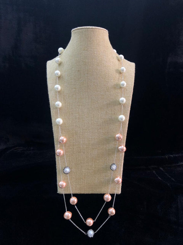 Two Line Chain Shell Pearl Necklace